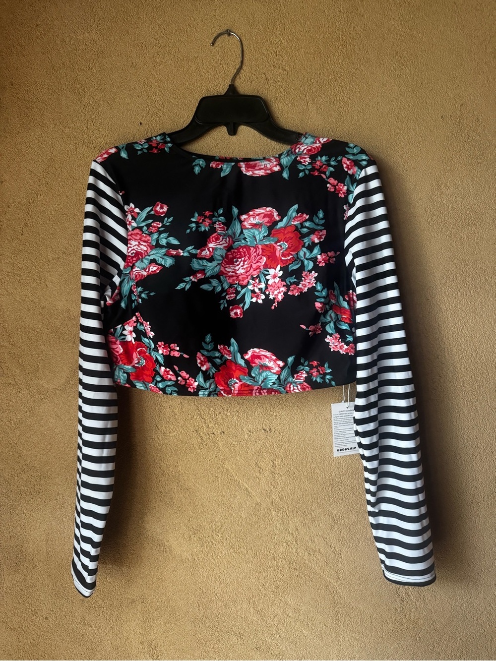 COCOSHIP Black Crop swim Top with Red Floral and Black-&-White Striped Sleeves